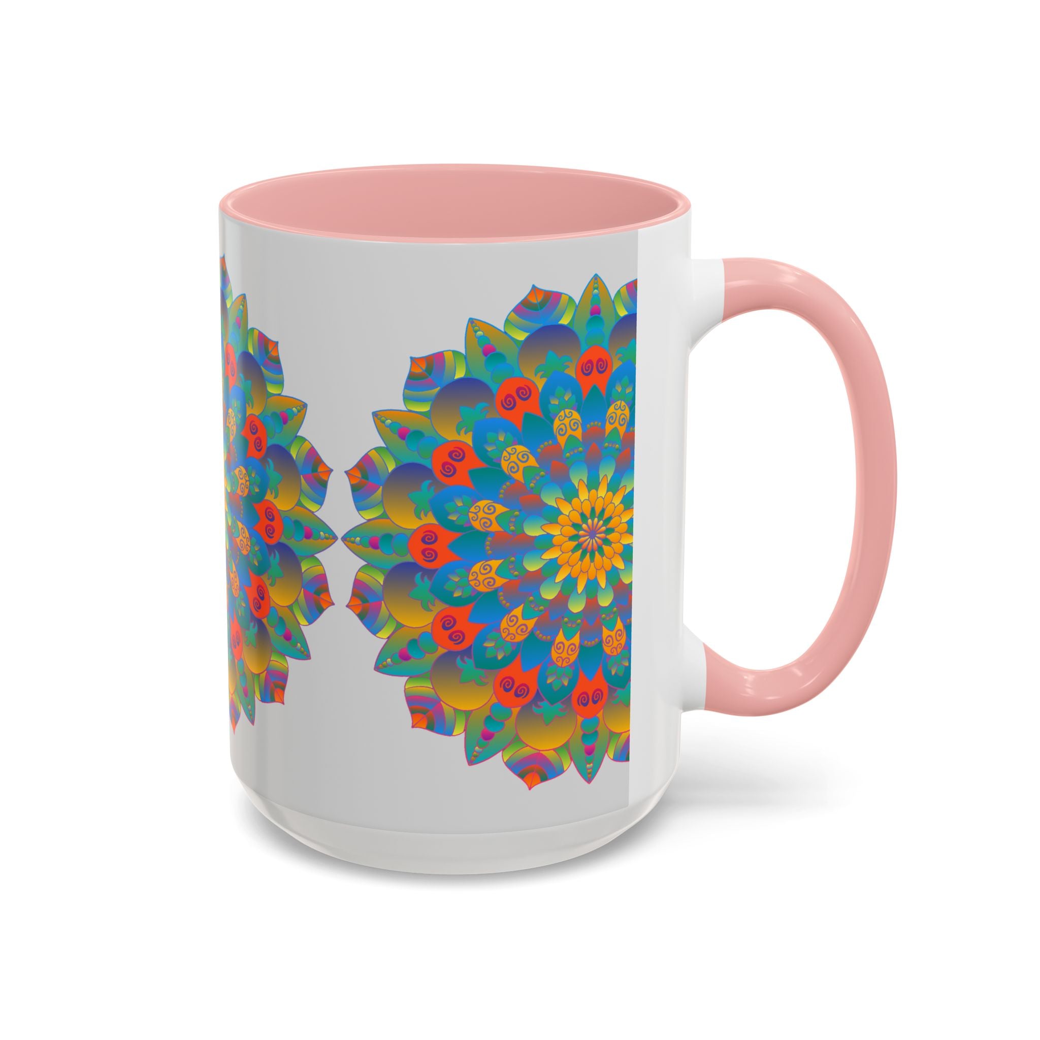 Colorful mandala art mug featuring vibrant yellow, orange, and blue designs