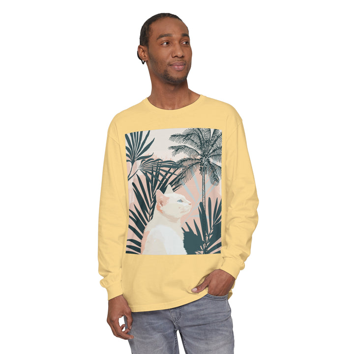 A beautiful white cat lounging on a tropical mandala long sleeve t-shirt