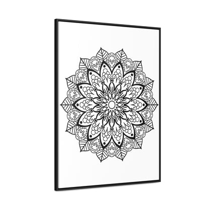 Handmade black and white mandala art on gallery canvas wrap, in vertical frame