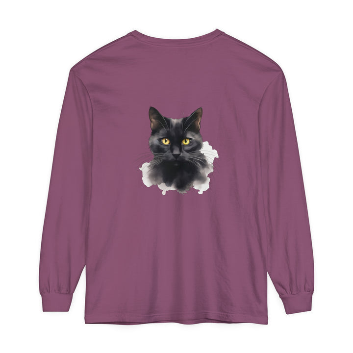 Black Cat Portrait - Unisex Long Sleeve T-Shirt featuring a realistic and detailed illustration of a black cat's face on a comfortable, versatile long sleeve shirt