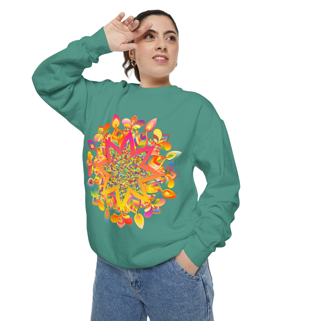 Colorful mandala sweatshirt with intricate design, perfect for casual and comfortable wear