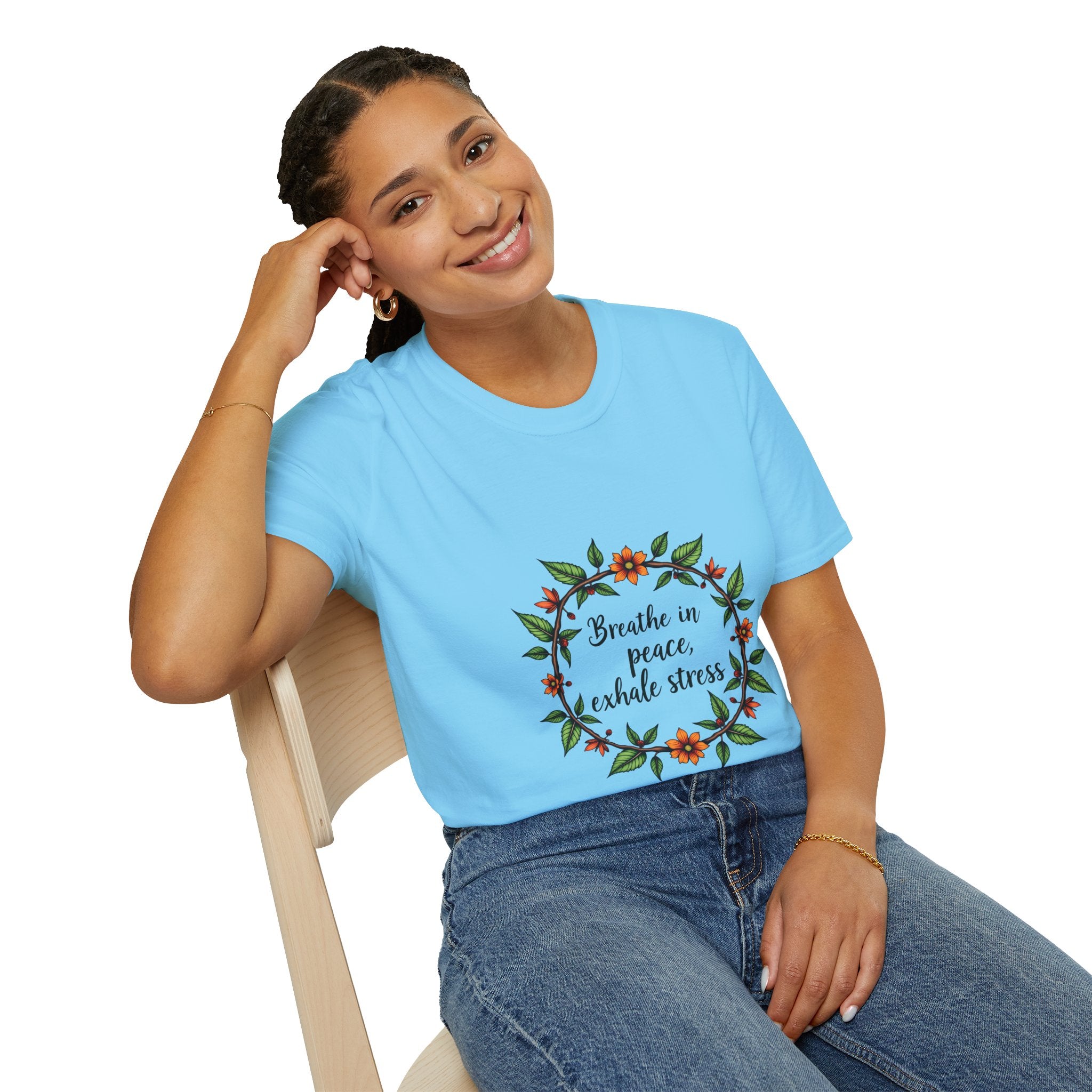 Beautiful floral garland t-shirt with the quote 'Breathe in Peace Exhale Stress' for a relaxed and stylish look