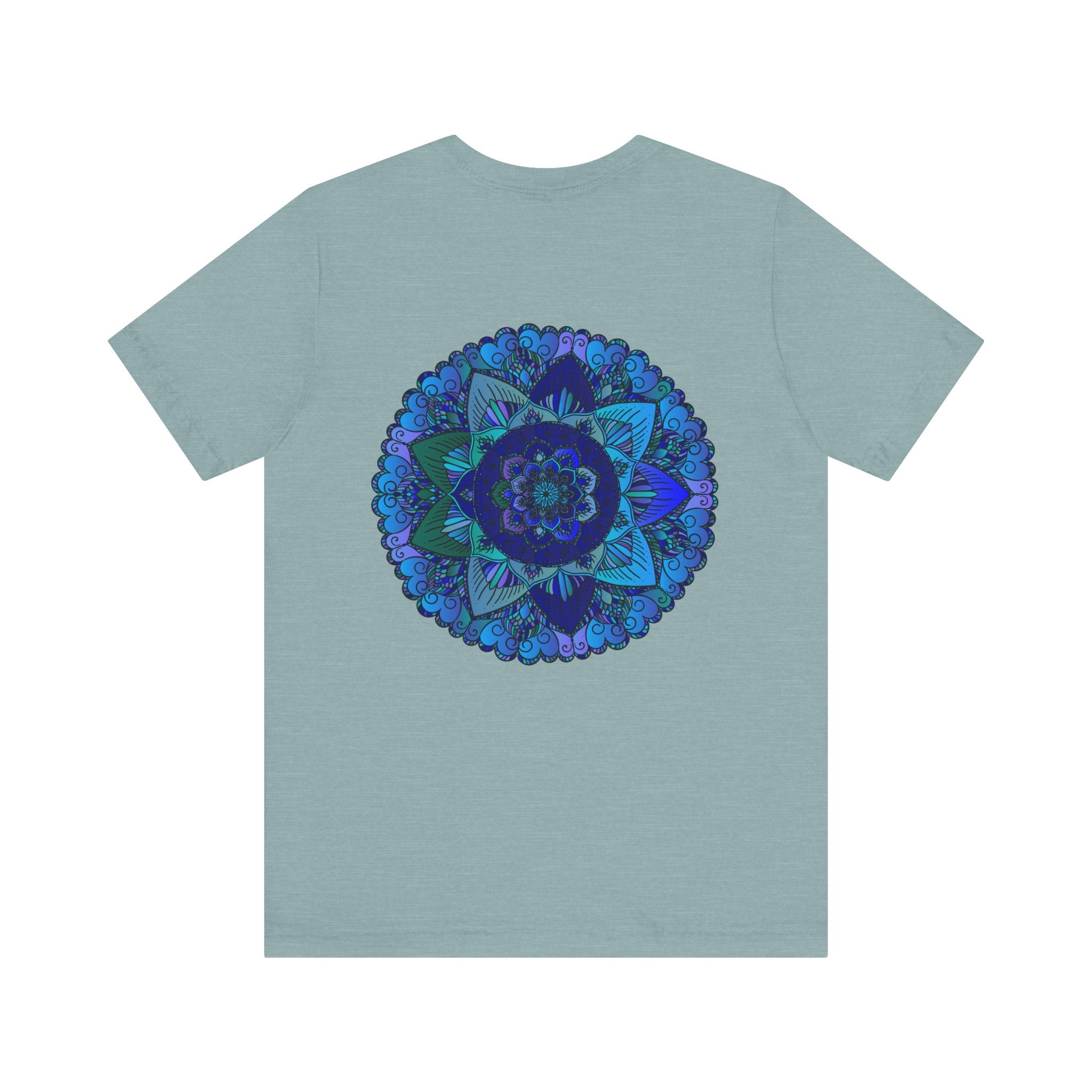 A beautiful blue mandala t-shirt featuring intricate spiritual designs for peace and harmony