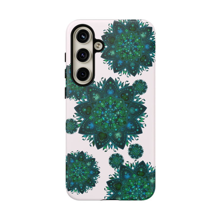 Beautiful light pink and green mandala phone case with a peaceful and intricate design