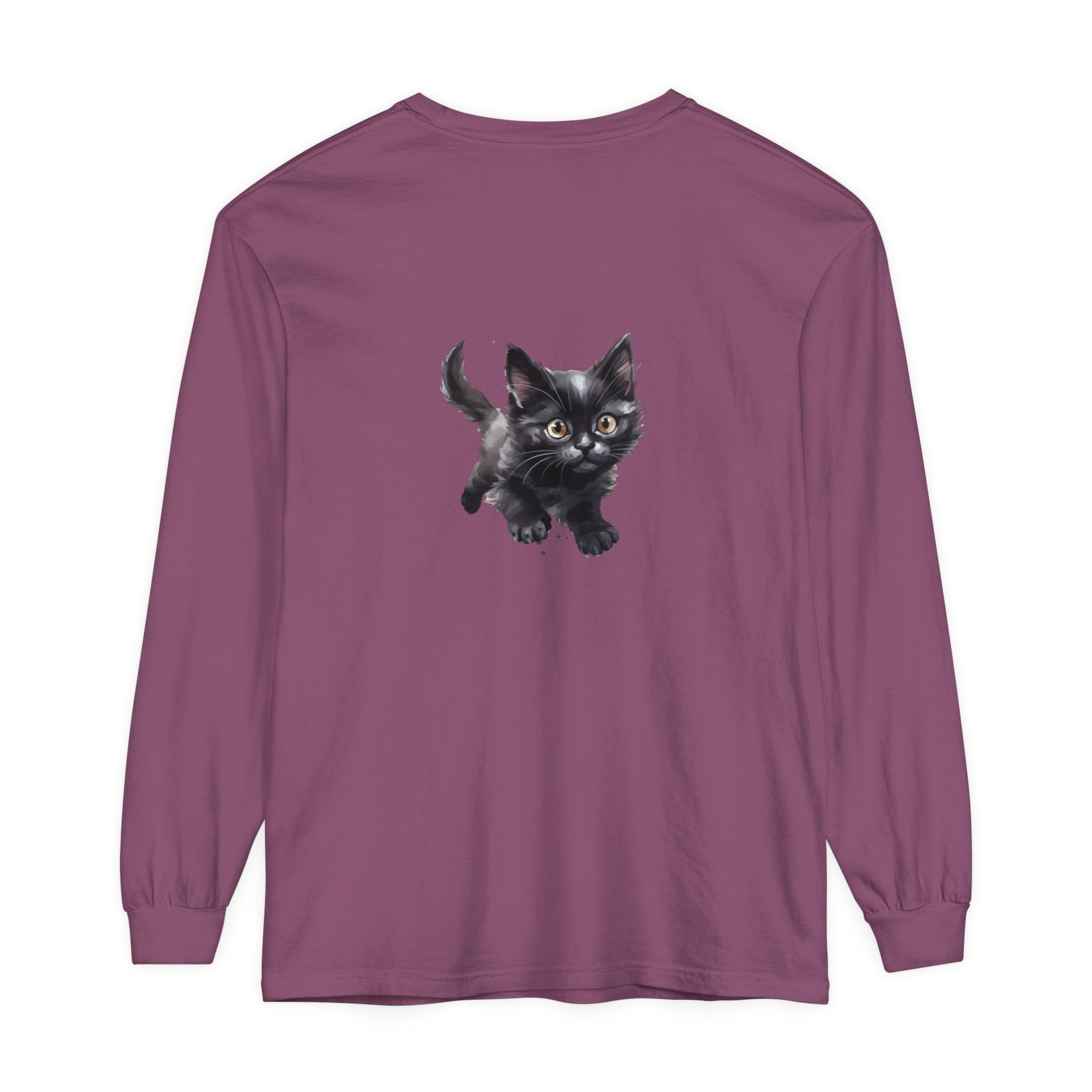 A cute and colorful watercolor illustration of a playful kitten on a t-shirt