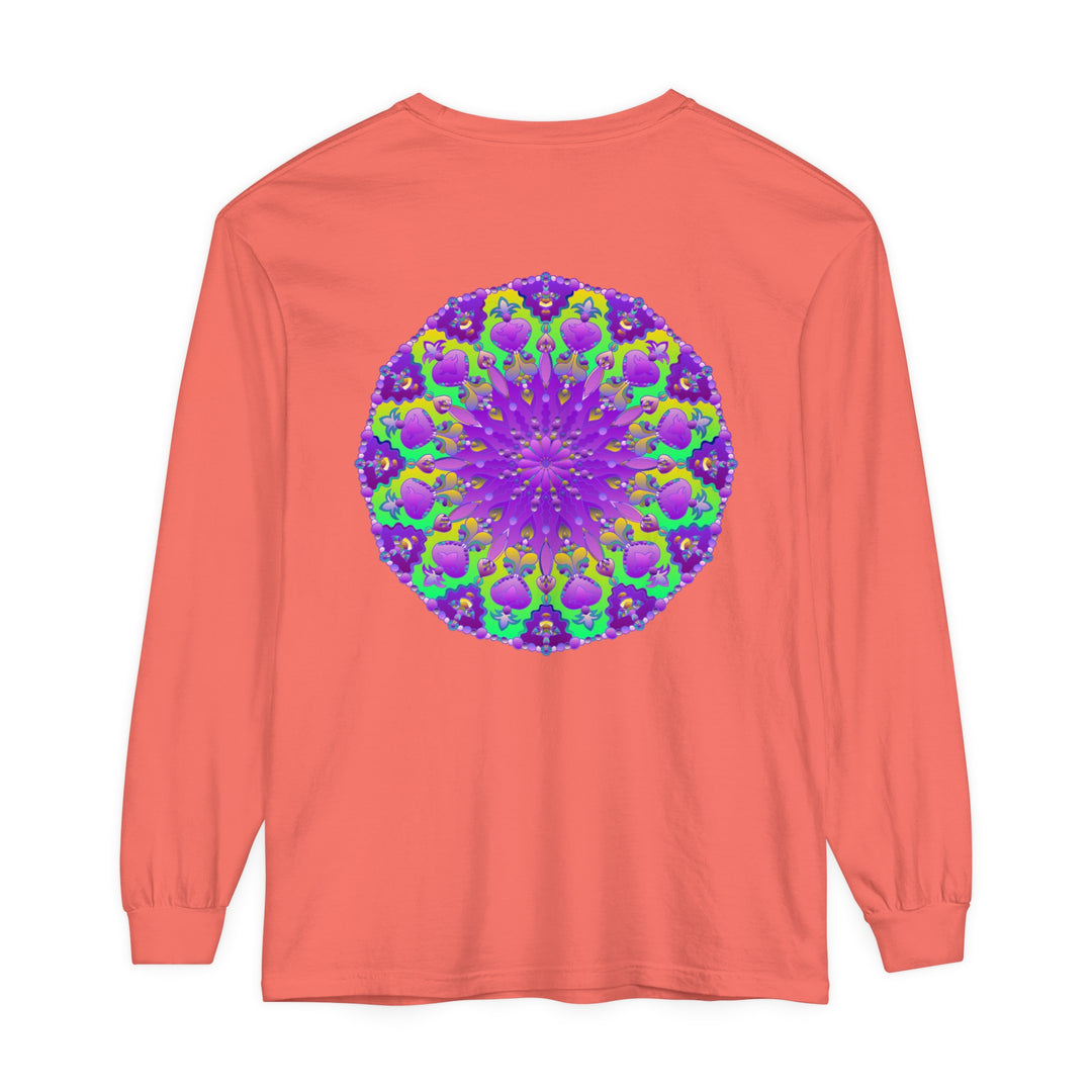 Vibrant purple and green mandala long sleeve t-shirt with intricate design