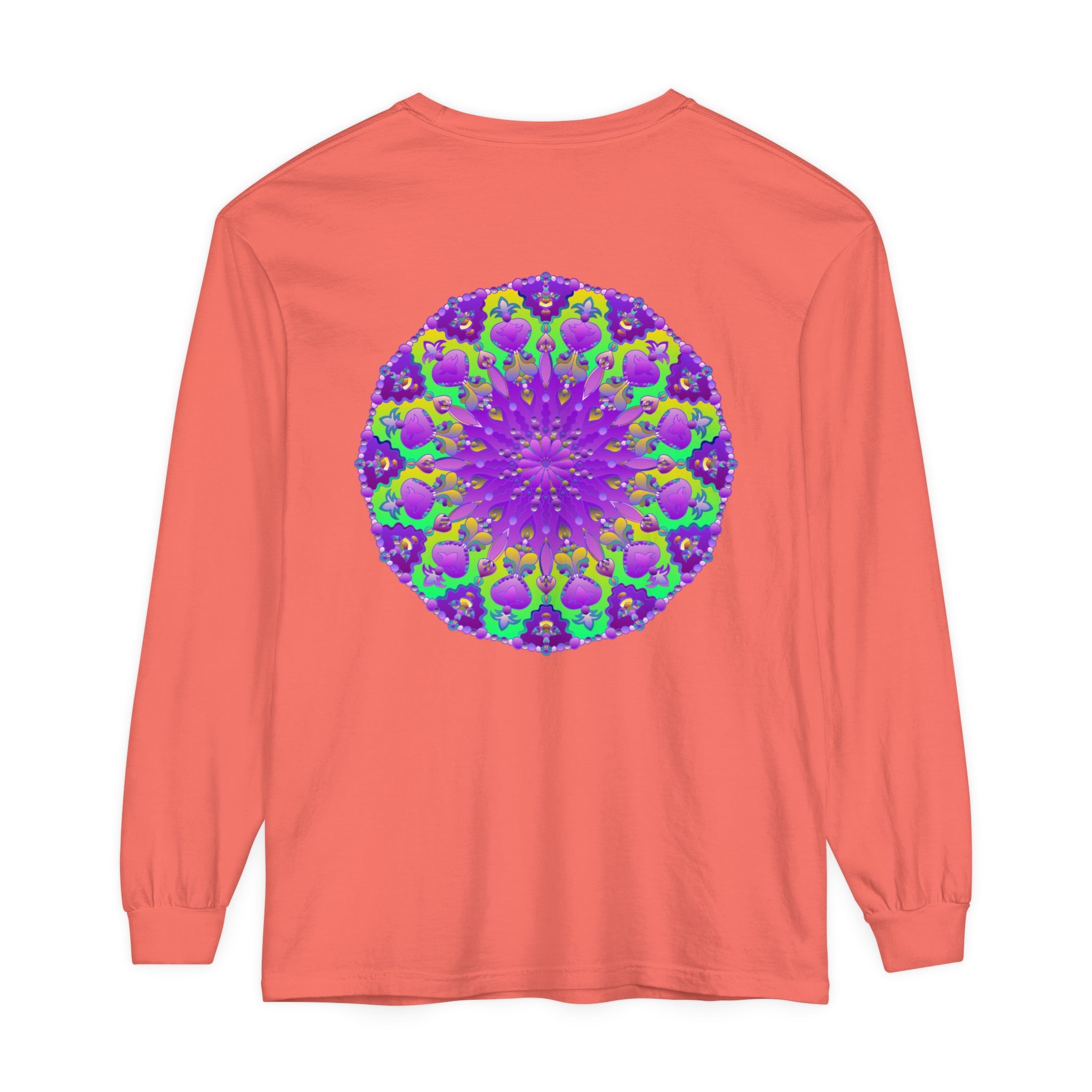 Vibrant purple and green mandala long sleeve t-shirt with intricate design