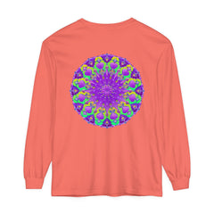 Vibrant purple and green mandala long sleeve t-shirt with intricate design