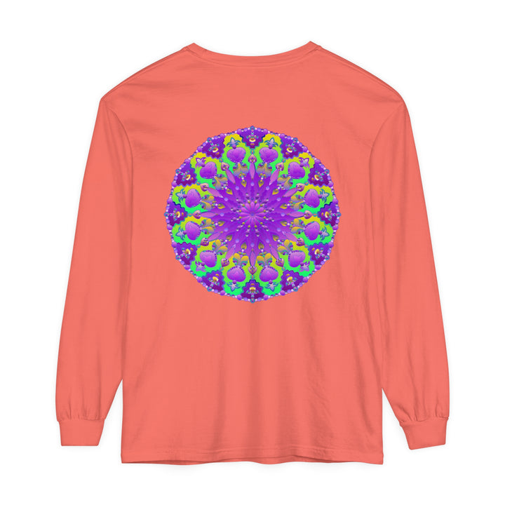 Vibrant purple and green mandala long sleeve t-shirt with intricate design