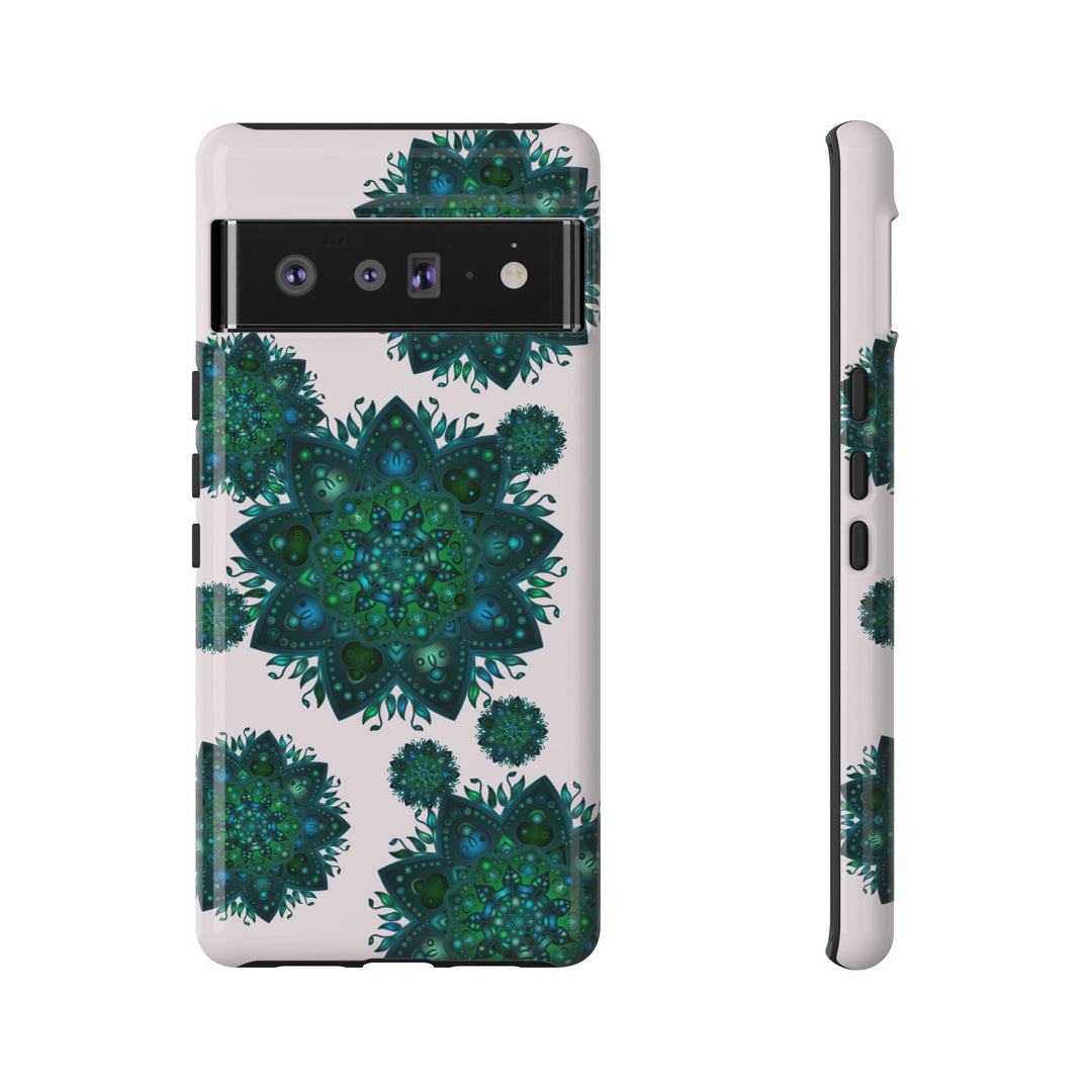 A beautiful light pink and green mandala phone case with a peaceful and intricate design