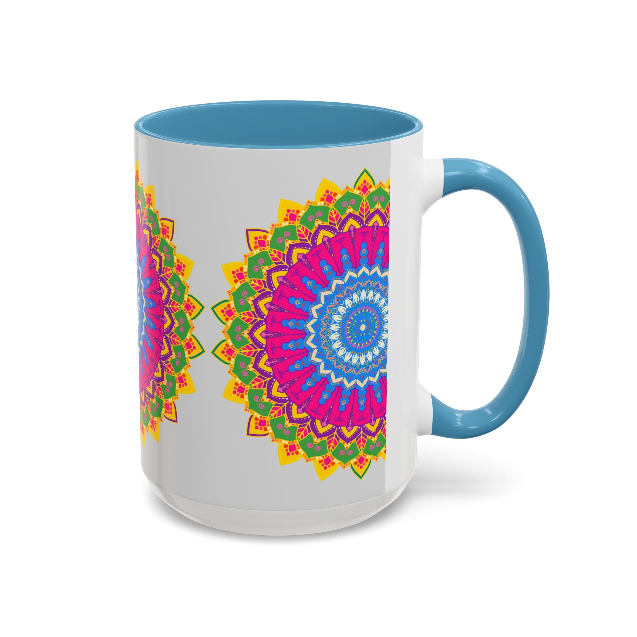 Colorful mug featuring a geometric mandala design in vibrant hues