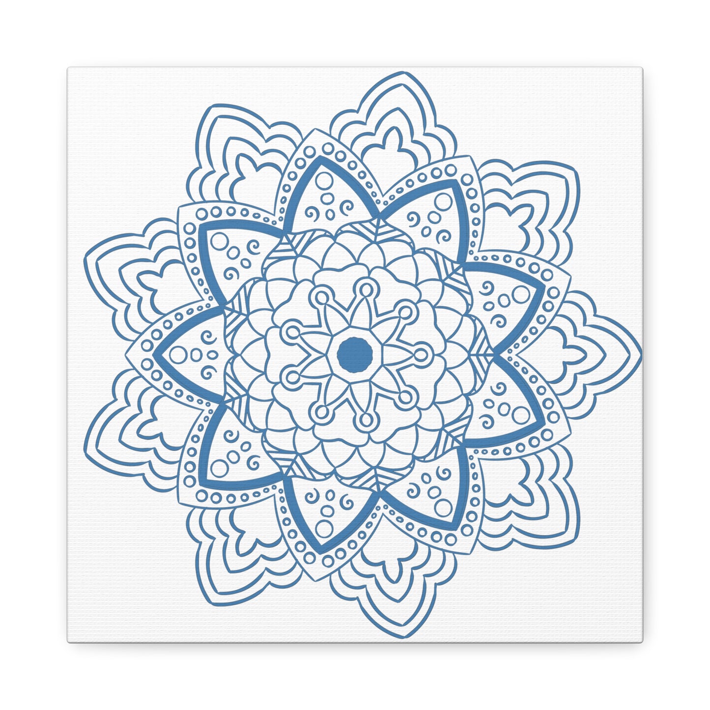 Handmade Mandala Art featuring a Steel Blue Mandala Design on Matte Canvas, Stretched, and 125 inches thick for elegant wall decor