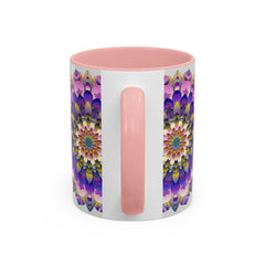 A close-up image of a mandala art mug with vibrant colors on a grey background, perfect for enjoying your favorite hot beverage