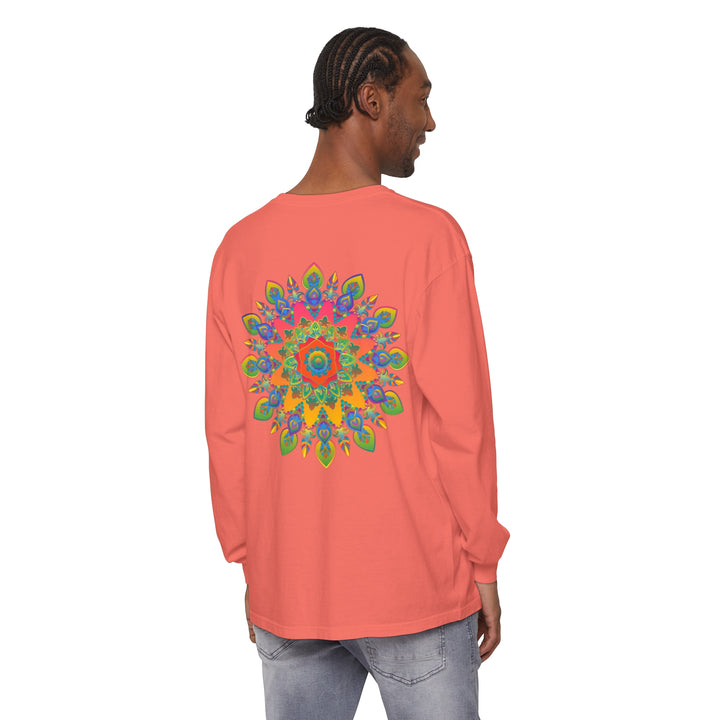 Colorful and intricate mandala design on a unisex long sleeve t-shirt