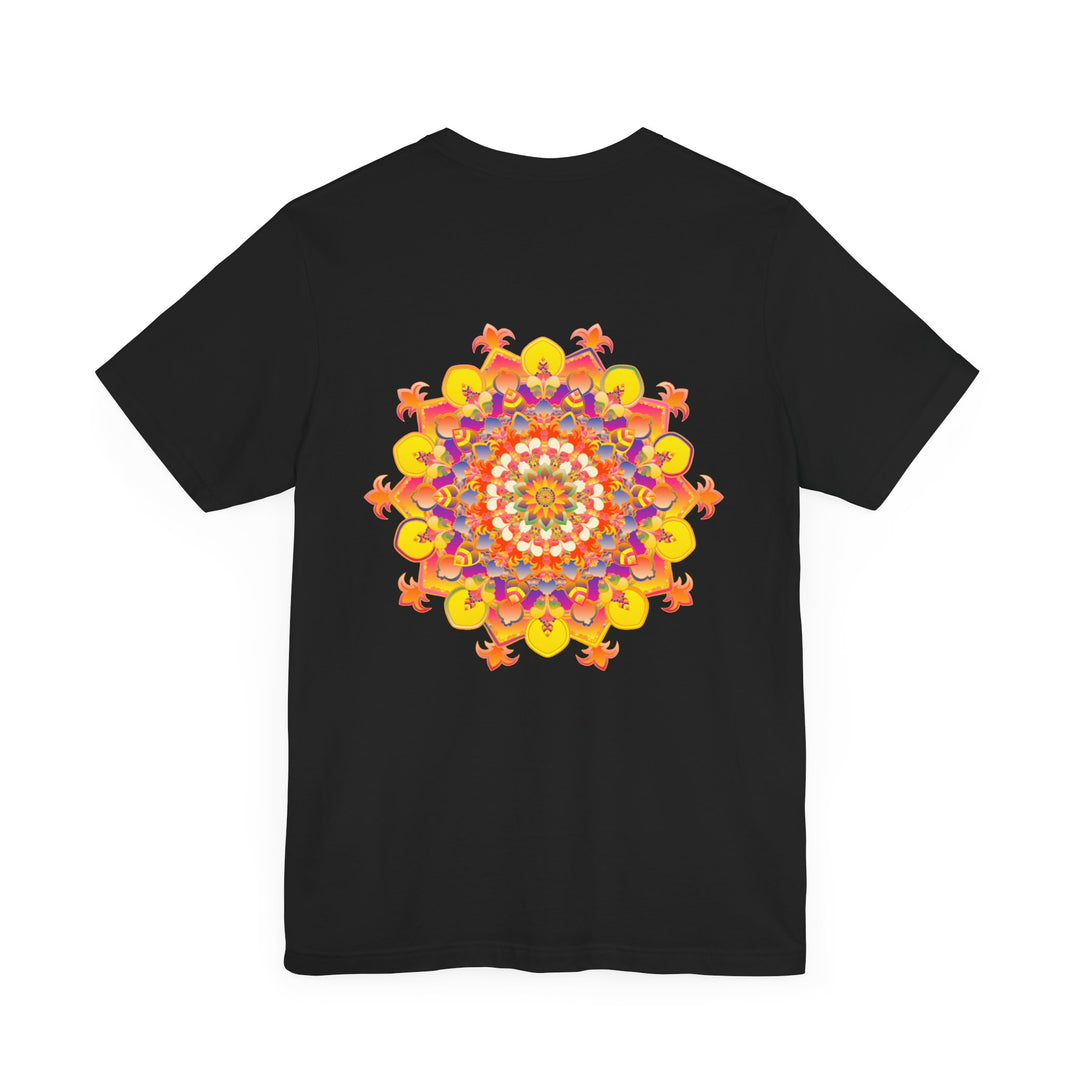 A close-up of the Vibrant Mandala Tee's soft fabric, promoting comfort and relaxation for the wearer