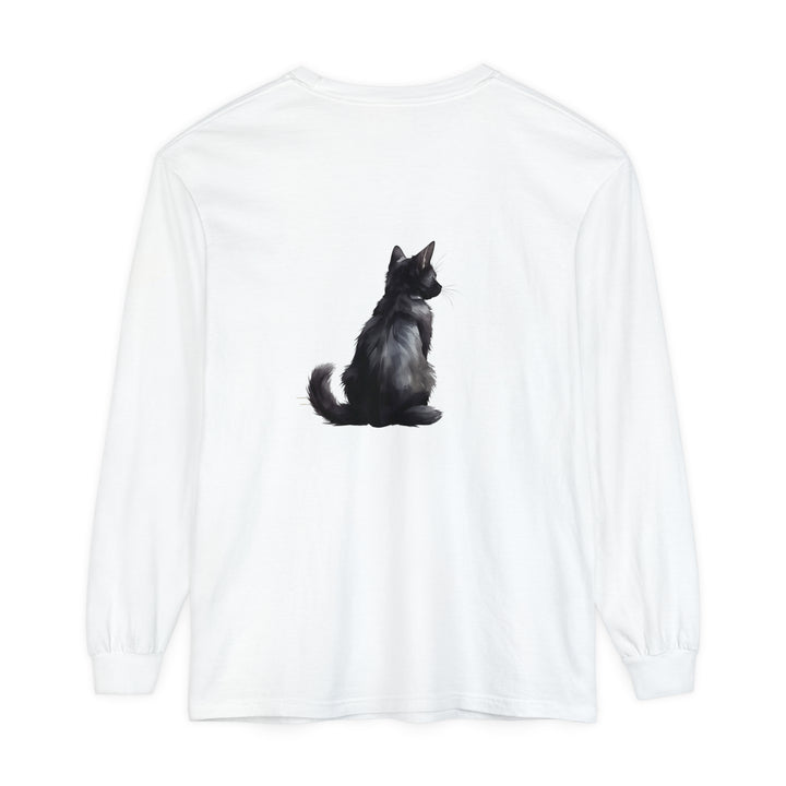 Black Cat Mystery unisex long sleeve tee, featuring a black cat design on a black shirt