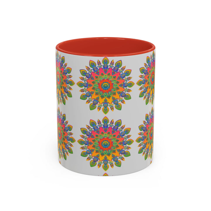 Colorful mandala mug featuring vibrant and intricate artwork on a grey background