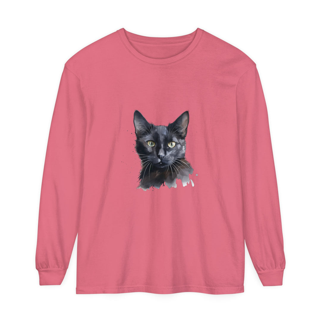 A vibrant and colorful watercolor illustration of a mystical black cat, featured on a long sleeve t-shirt