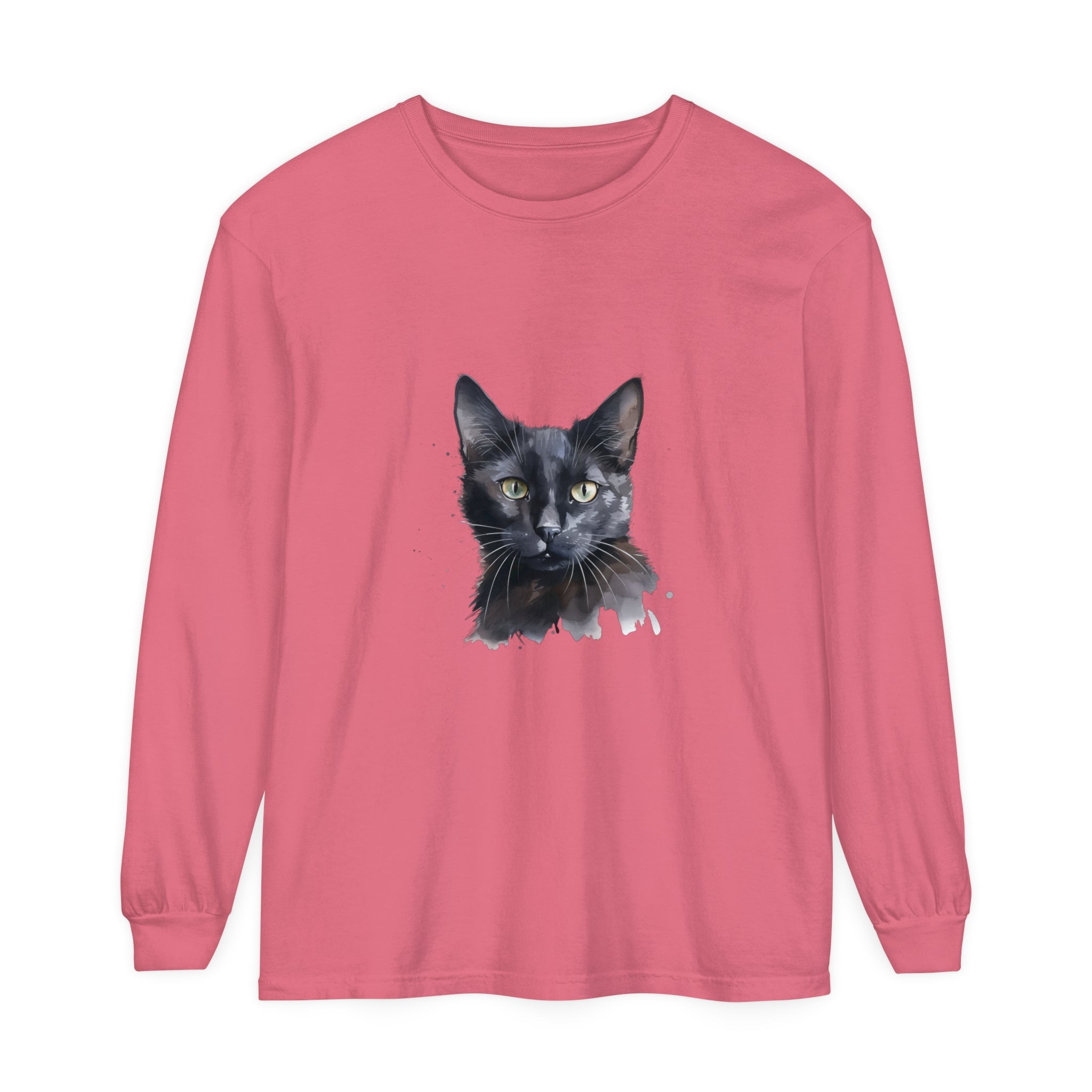 A vibrant and colorful watercolor illustration of a mystical black cat, featured on a long sleeve t-shirt