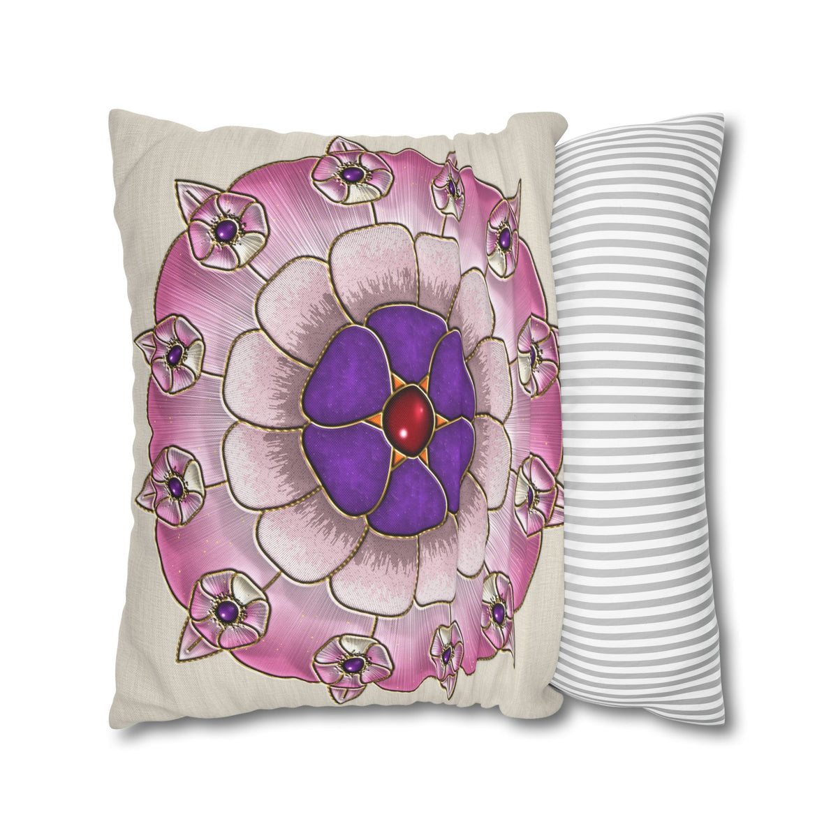 Federa quadrata con motivo a mandala floreale rosa e viola
