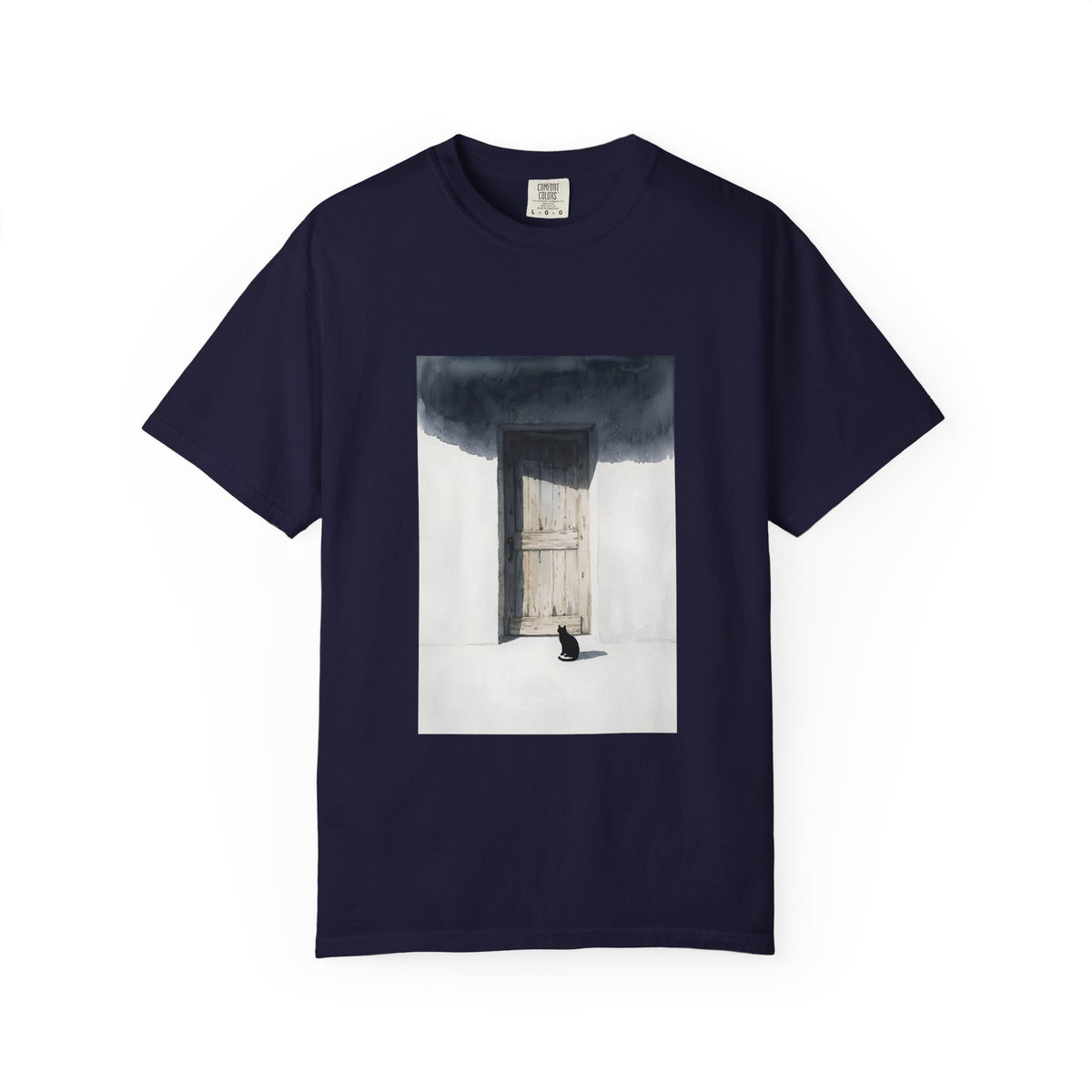 T-Shirt — Minimal Art Cat at Door Graphic Tee