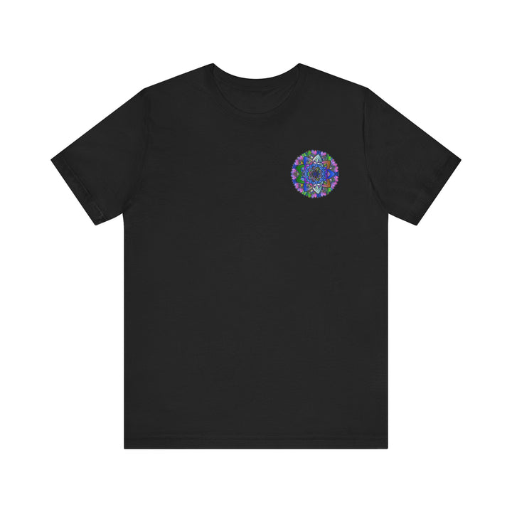 A close-up image of a vibrant mandala t-shirt with intricate spiritual designs symbolizing peace and tranquility