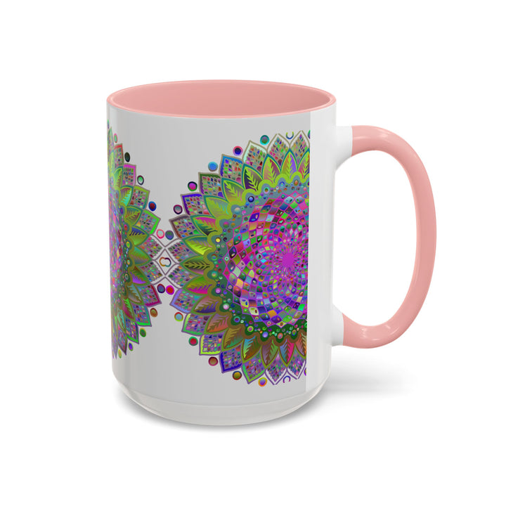 A vibrant and colorful psychedelic mandala design adorns a grey mug