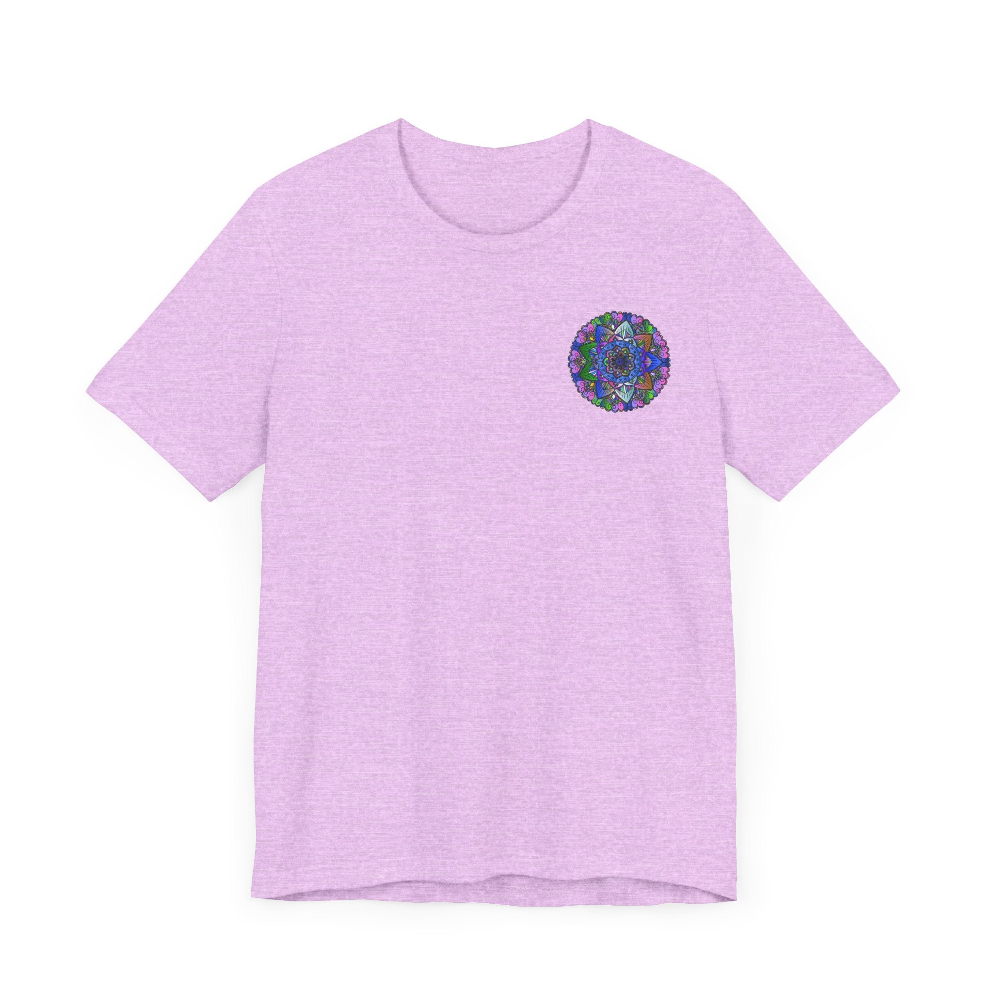 A beautiful and colorful mandala design adorns this vibrant t-shirt, symbolizing spiritual peace and harmony