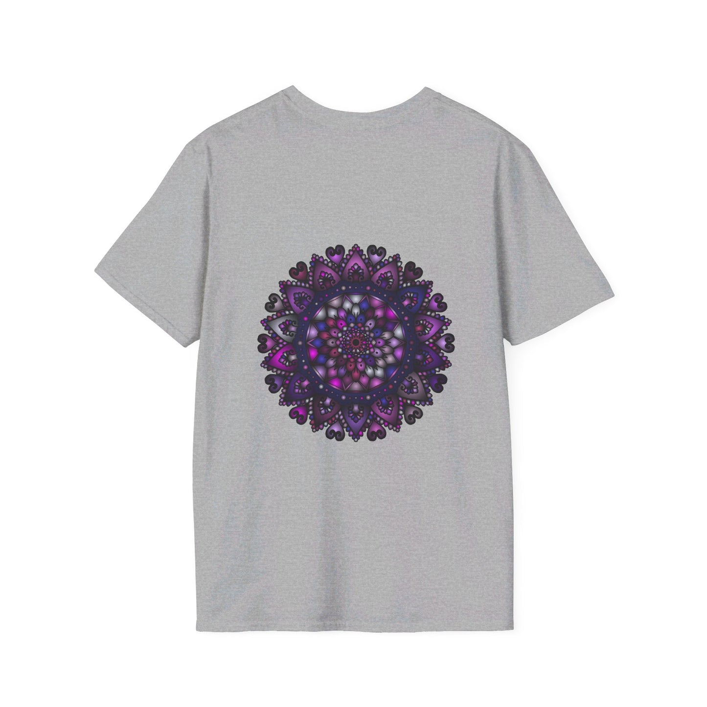 Softstyle unisex T-shirt with hand-drawn purple mandala art design