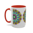 A vibrant, hand-painted Mandala Art Mug, featuring a mesmerizing, colorful design