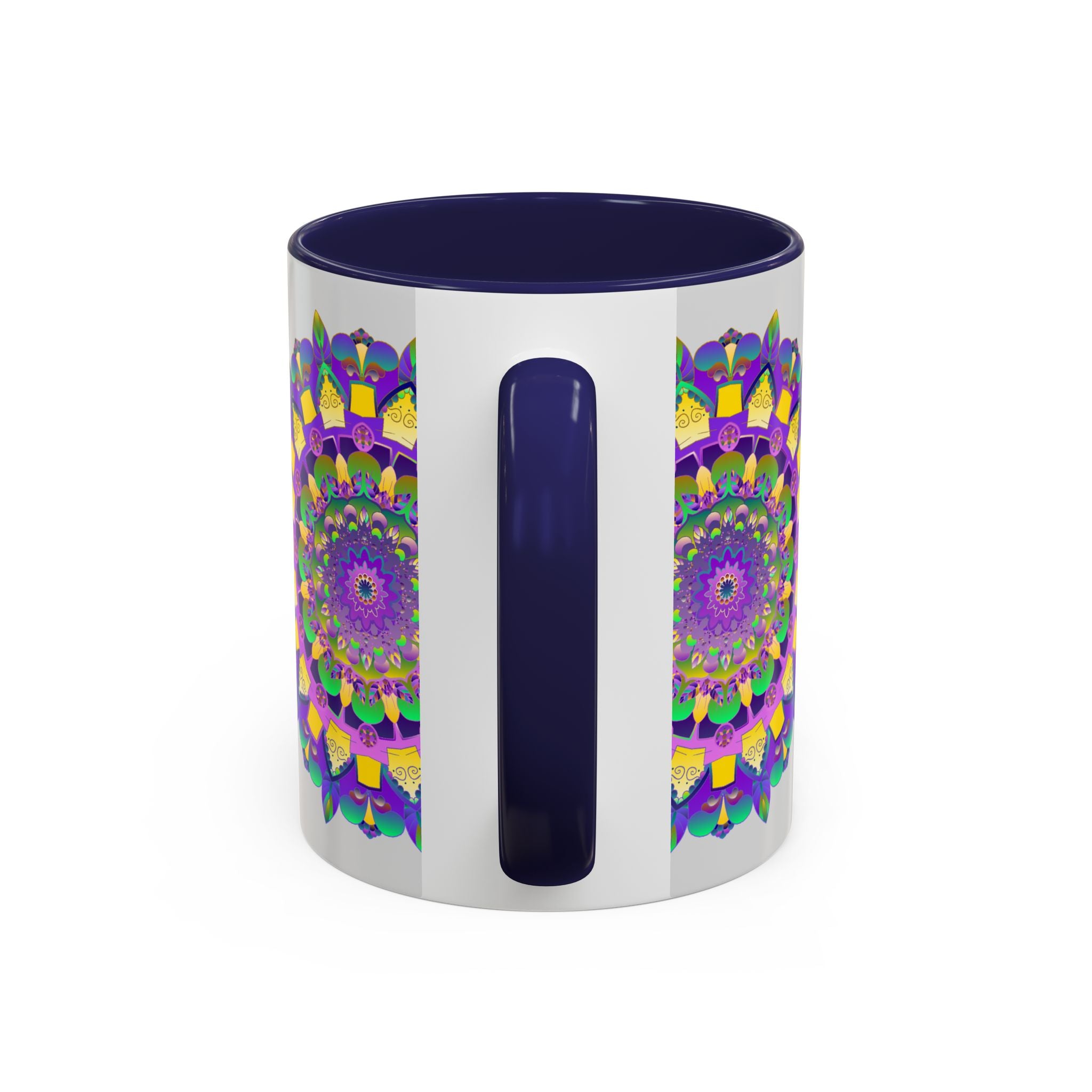 A beautiful purple and yellow mandala art mug, perfect for enjoying your favorite hot beverage in style