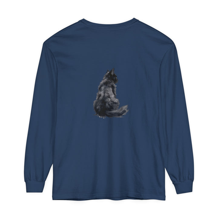 Black Cat Silhouette Unisex Long Sleeve T-Shirt in black, featuring a stylish and versatile design