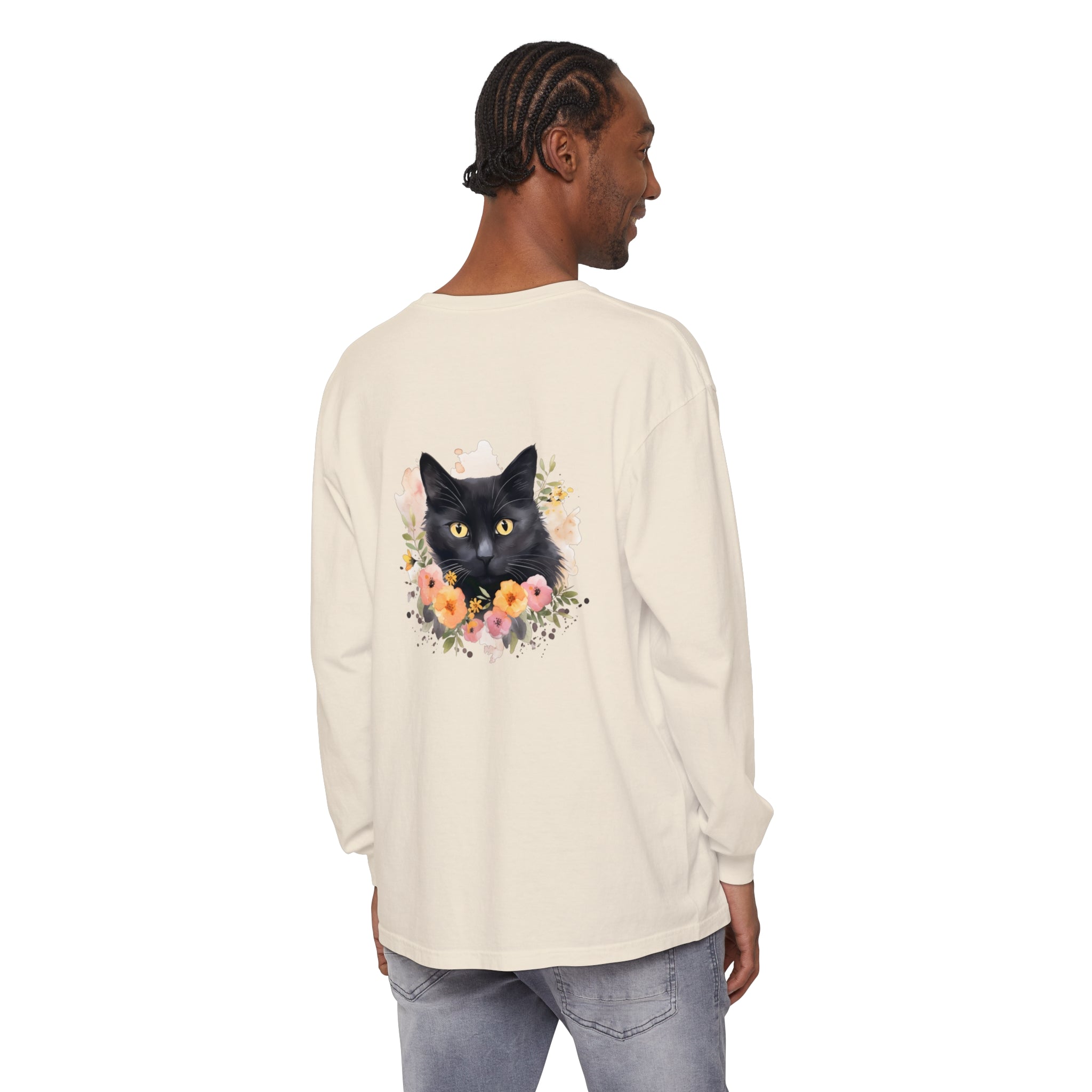 Black Cat Floral Portrait Unisex T-Shirt: A comfortable, stylish tee featuring a beautiful, detailed black cat surrounded by colorful floral elements