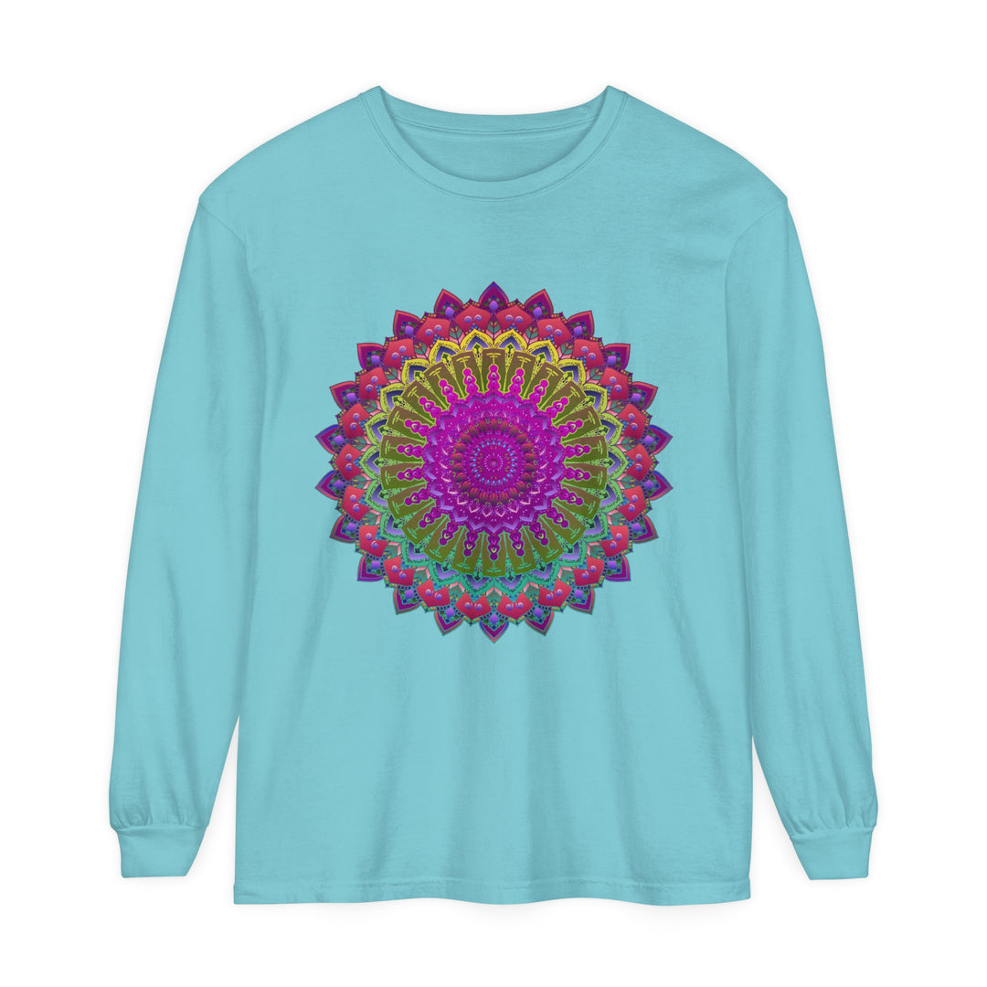 Person Wearing Vibrant Mandala Unisex Long Sleeve T-Shirt with Confidence