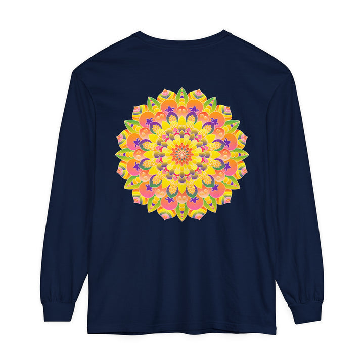 Colorful and intricate mandala design on a unisex long sleeve t-shirt