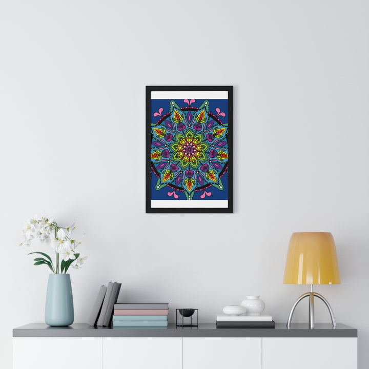 Hand-drawn blue mandala art framed poster for mindfulness and yoga