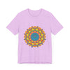 Vibrant Mandala Tee featuring a colorful and intricate geometric design for a unique and eye-catching fashion statement