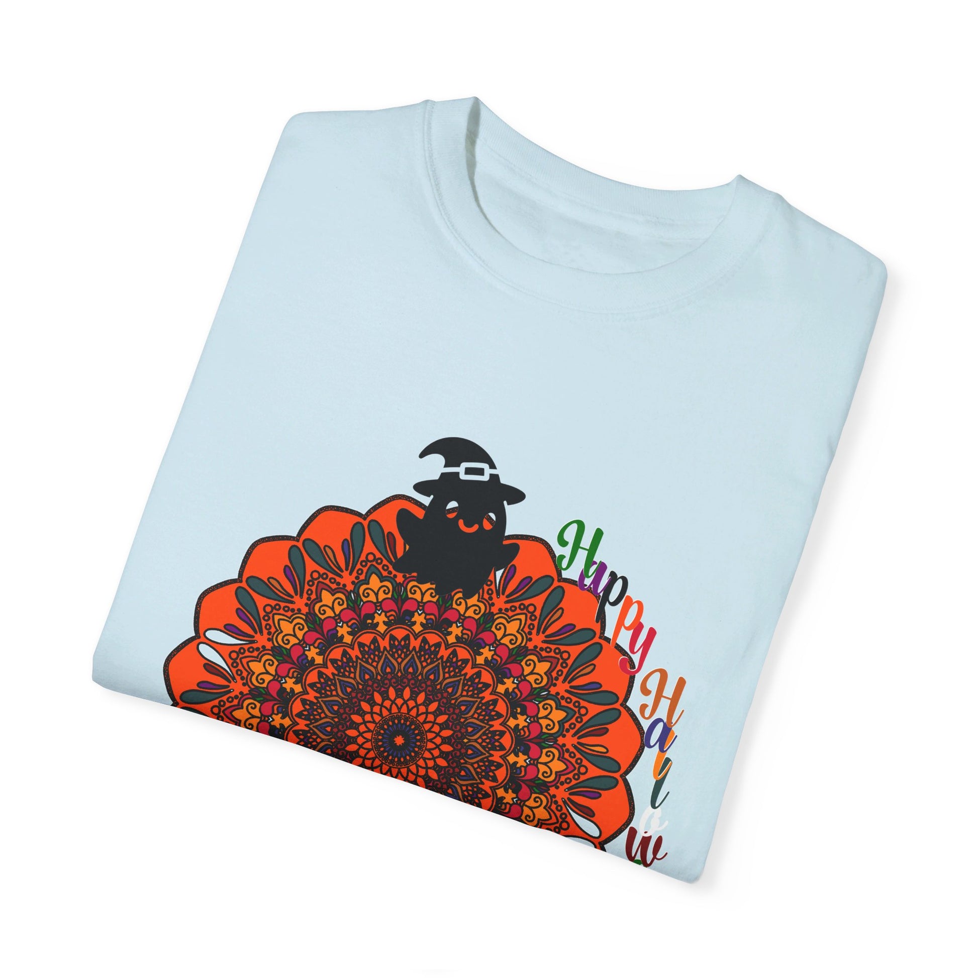 Handmade unisex garment-dyed tee featuring intricate pumpkin mandala art for Halloween