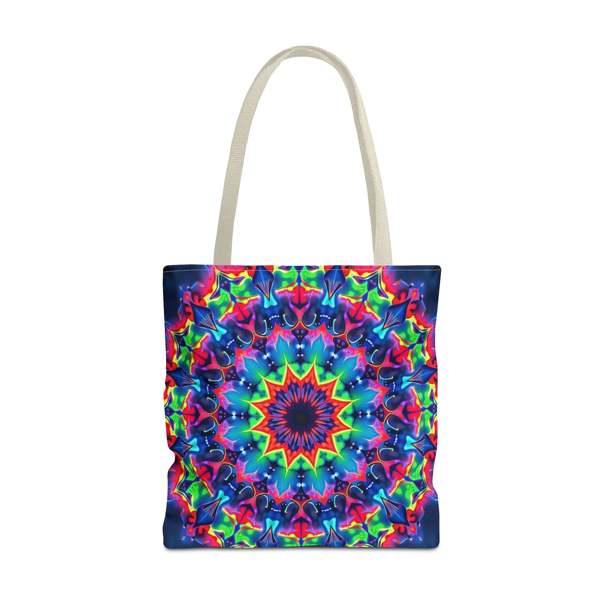 Colorful psychedelic mandala tote bag with intricate and vibrant patterns