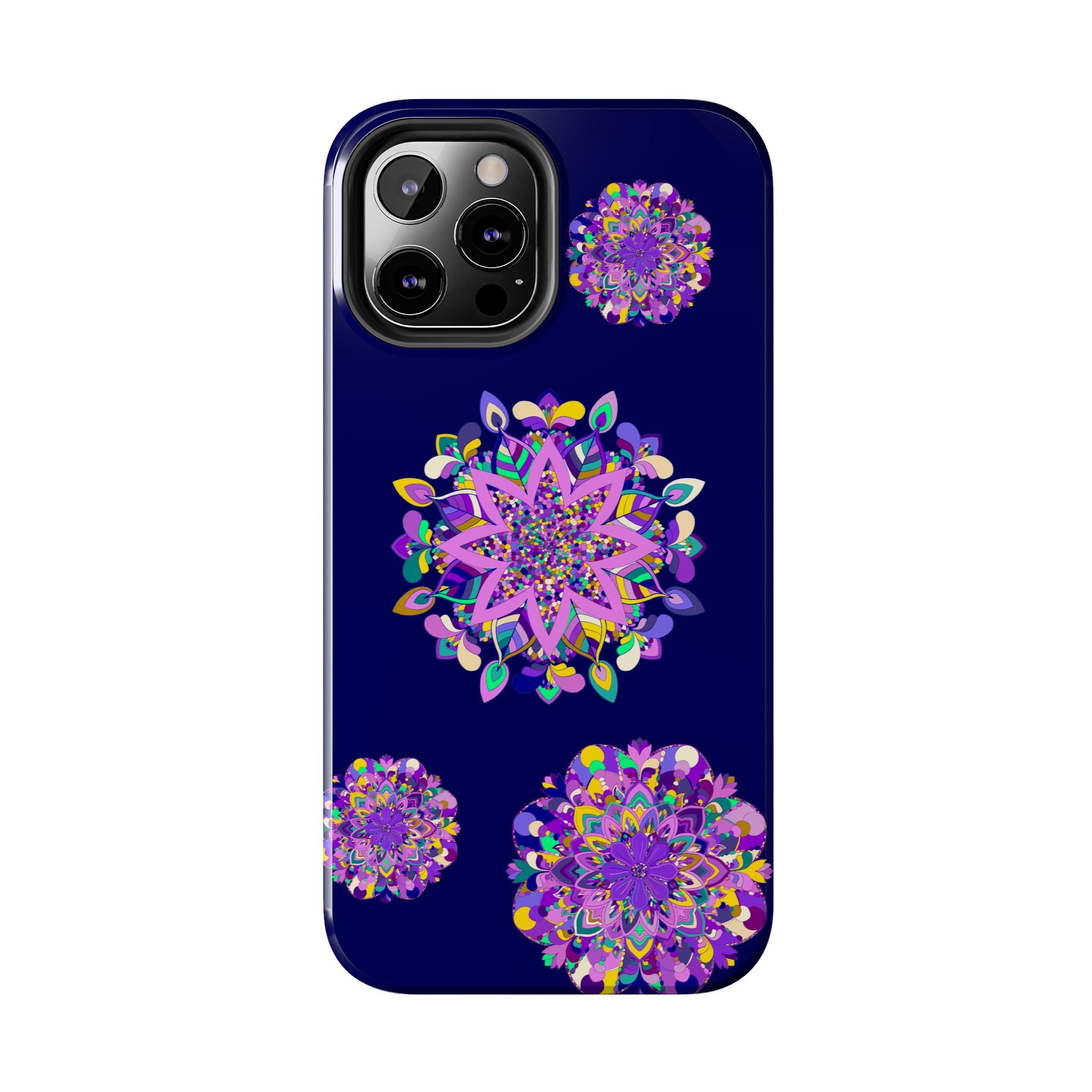 A stylish and durable phone case featuring hand-drawn mandala art in shades of purple, designed to be shock absorbent for maximum protection