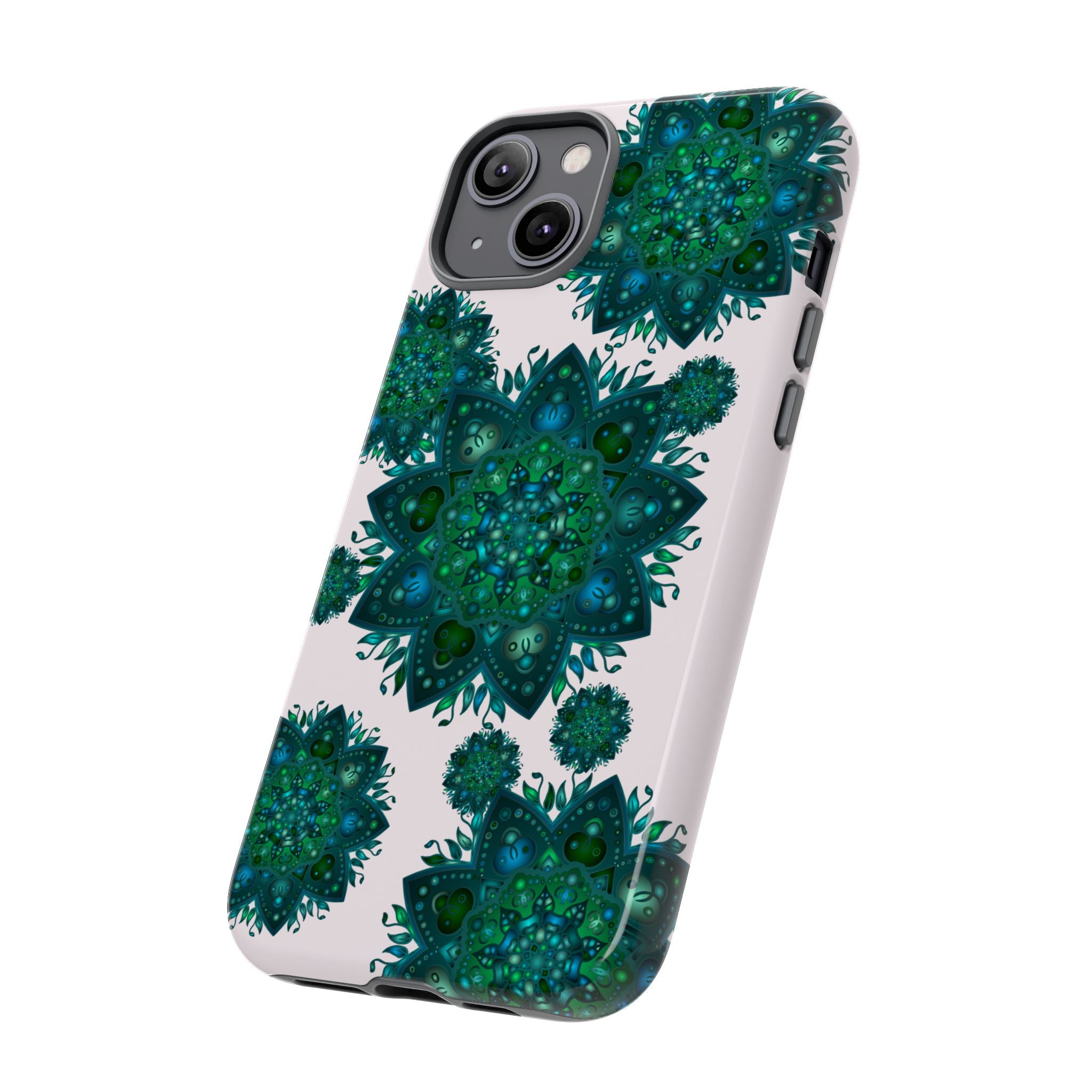 A light pink and green mandala phone case featuring a peaceful and intricate design pattern