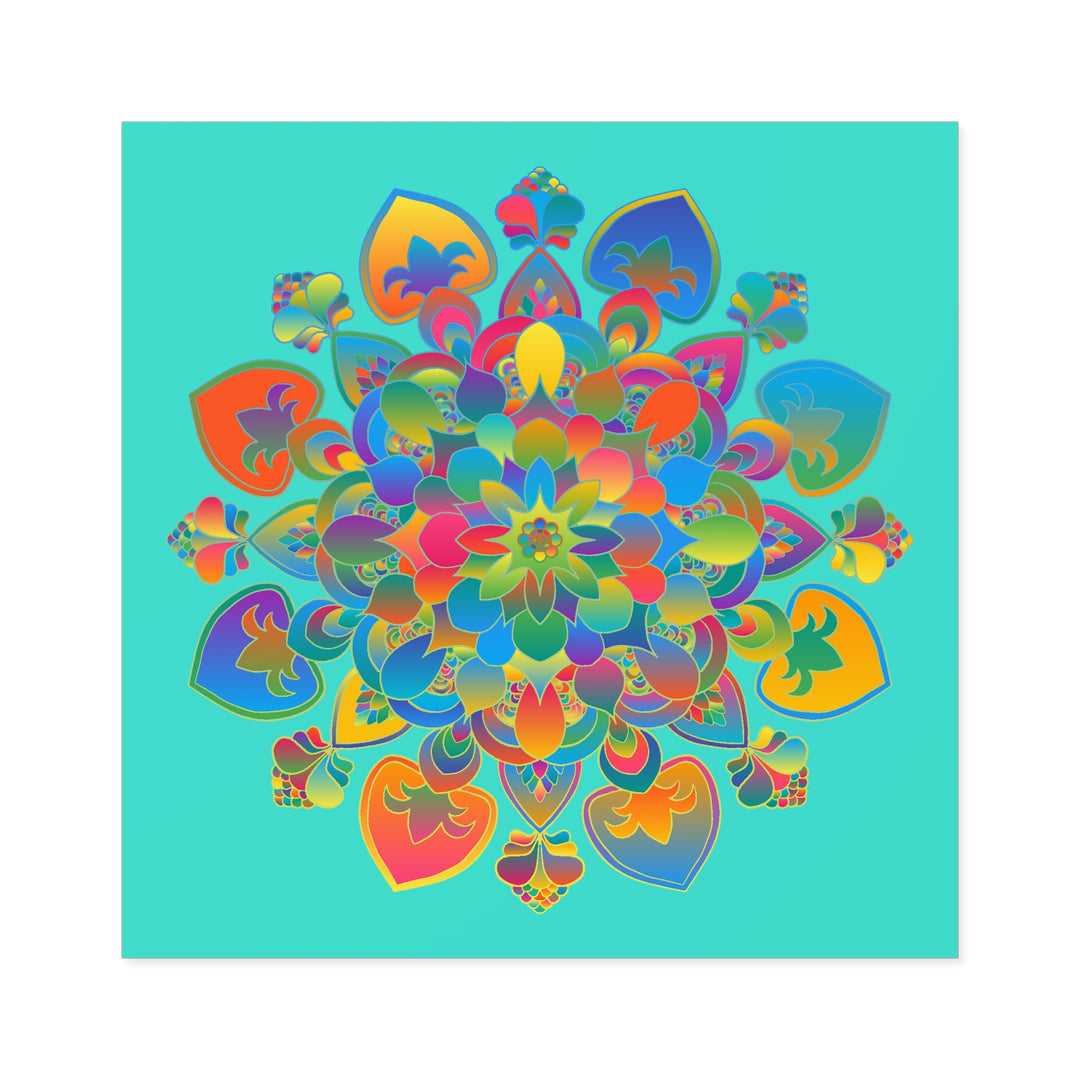 Hand-Drawn Mandala Laminate Stickers – Gold, Red, and Green on Turquoise