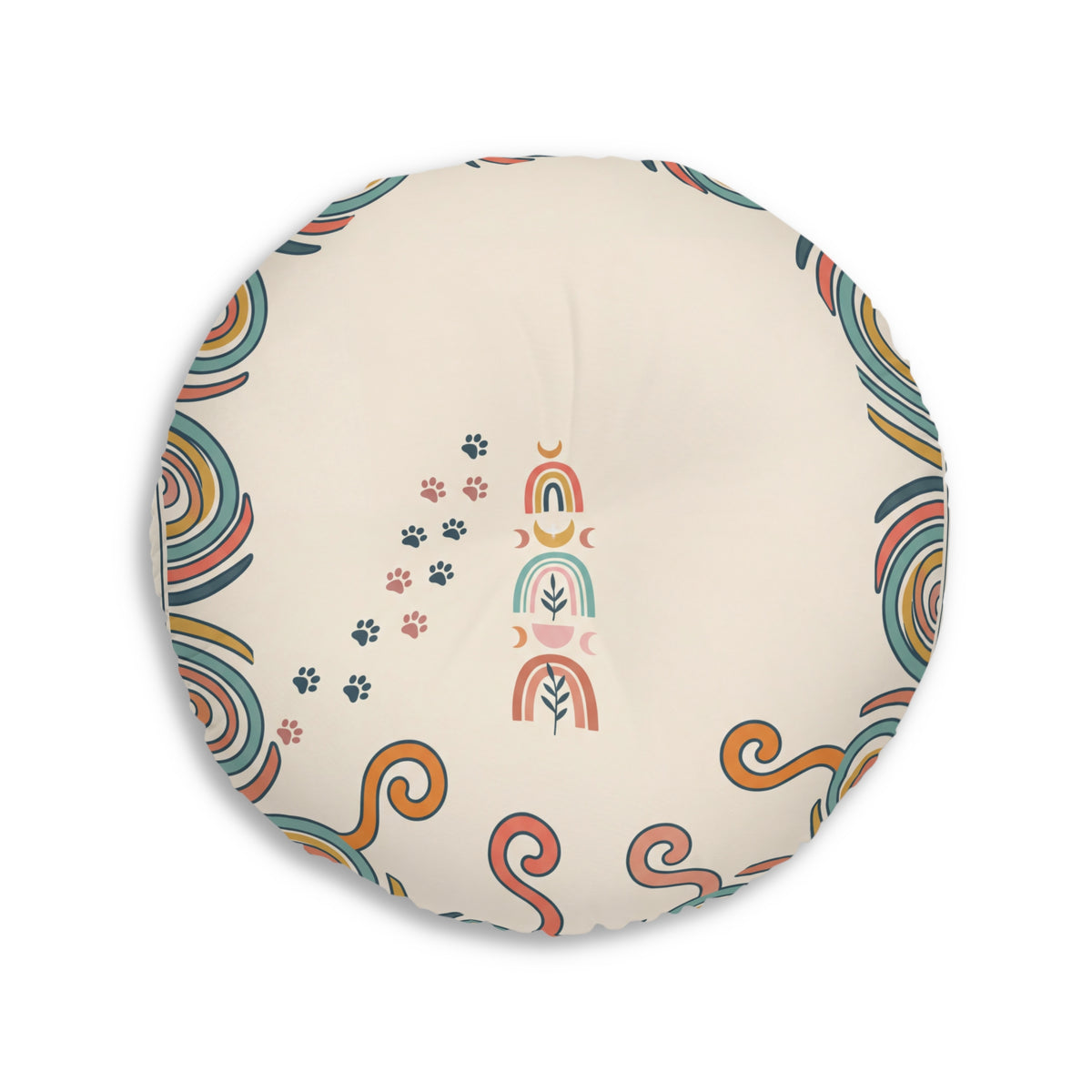 Round Tufted Floor Pillow — Boho Cat Illustration