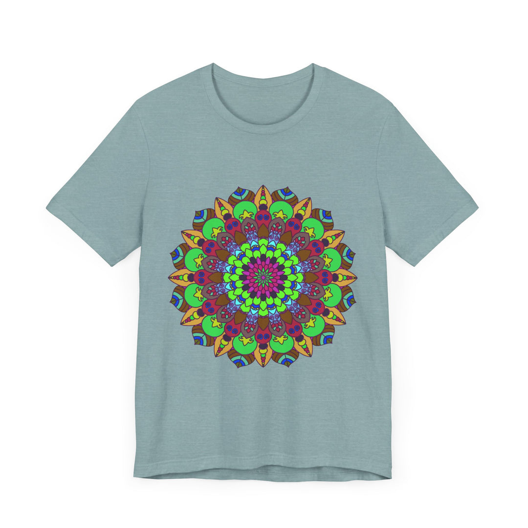 Vibrant and colorful mandala tee featuring cosmic and interconnected design