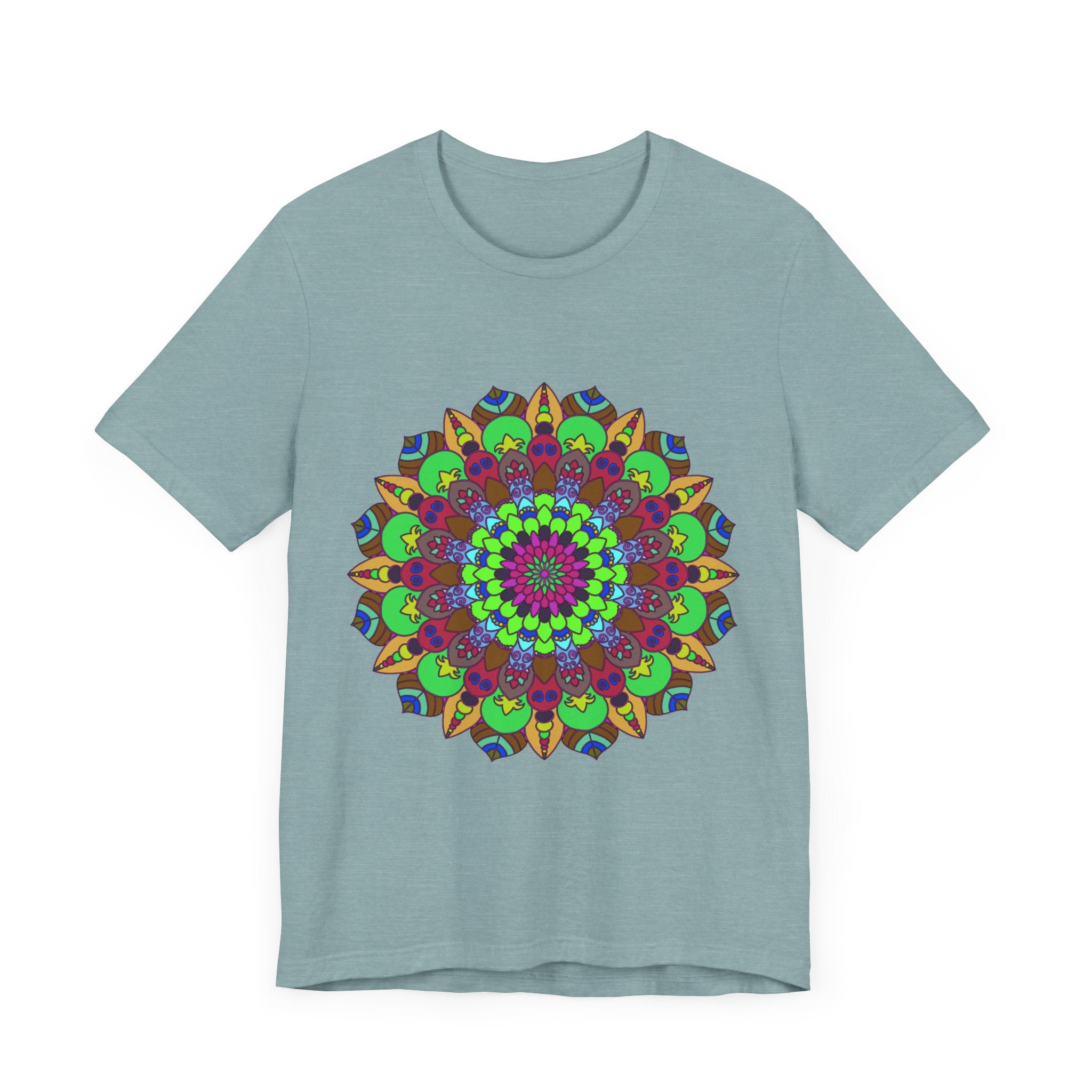 Vibrant and colorful mandala tee featuring cosmic and interconnected design