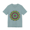 Vibrant and colorful mandala tee featuring cosmic and interconnected design