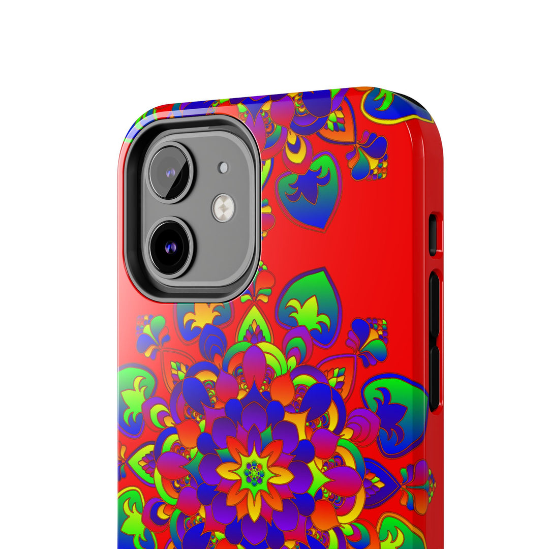 Hand drawn mandala art red phone case with intricate floral design