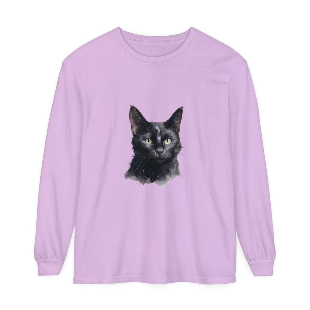 Black Cat Watercolor Unisex Long Sleeve T-Shirt, a stylish and versatile apparel featuring a vibrant watercolor design of a black cat on a comfortable long sleeve shirt