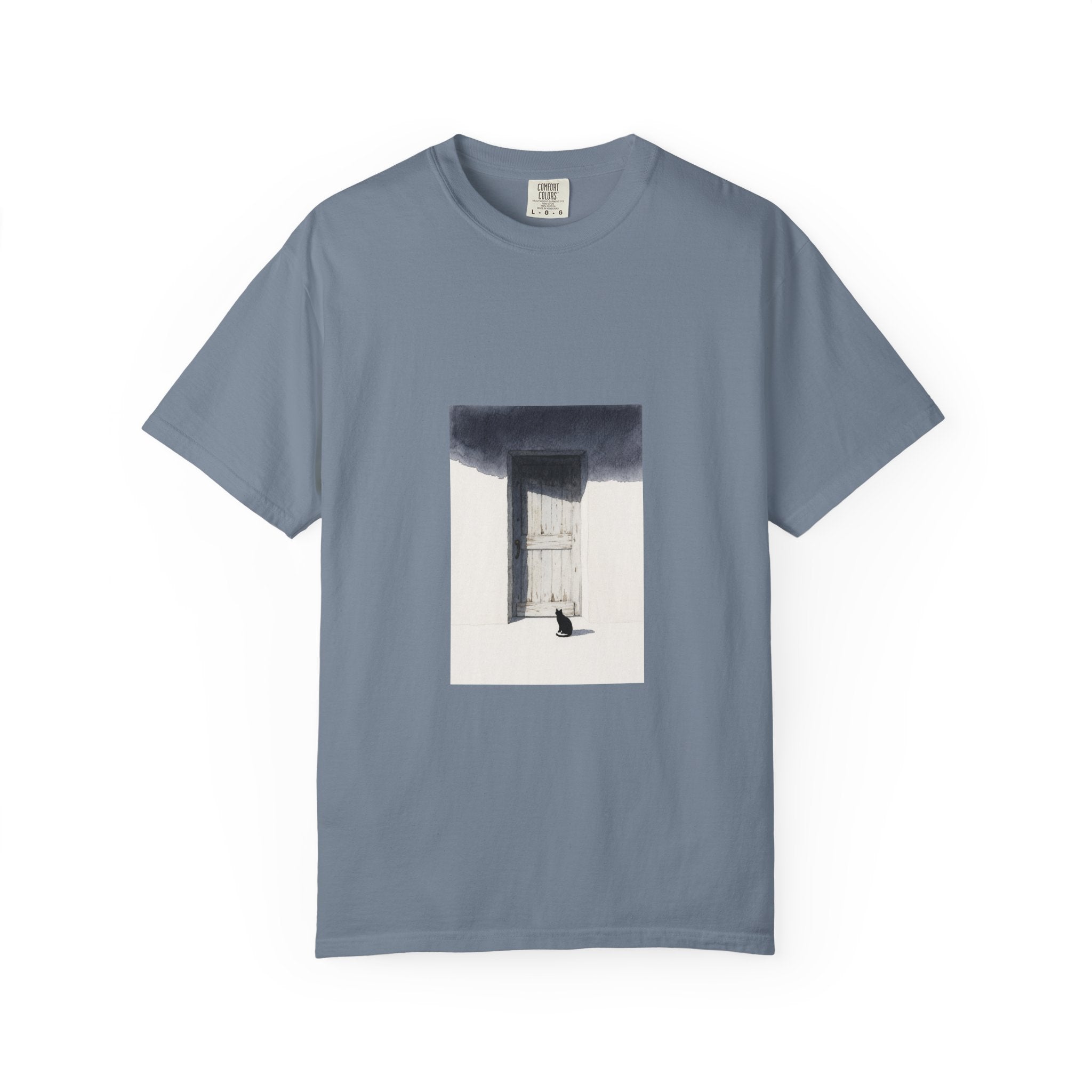 T-Shirt — Minimal Art Cat at Door Graphic Tee