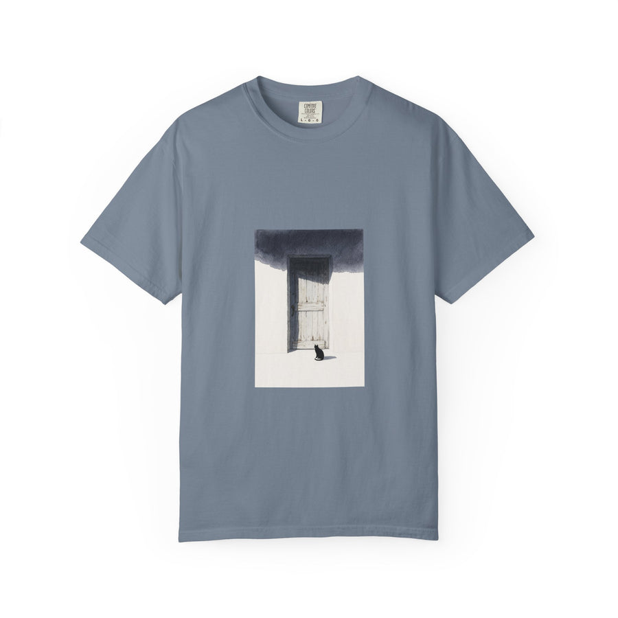 T-Shirt — Minimal Art Cat at Door Graphic Tee